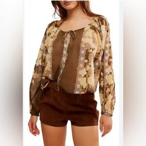 Free People Tan and Green Tie Front Blouse Size: S